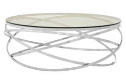 Orsina Round Silver Swirl Coffee Table, Interlinked Stainless Steel Base with Glass, Statement Piece for Living Room - thumbnail 2