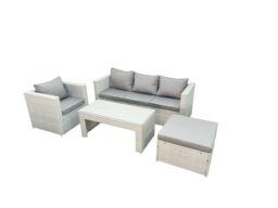 Fimous Rattan Garden Furniture Set 4 Pieces Outdoor Garden Sofa Oblong Coffee Table Set with Chair Big Footstool Light Grey Mixed - thumbnail 2