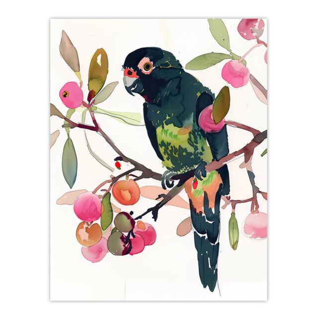 "Artery8 Parrot Perched on Fruit Tree Branch Watercolour Wall Art Print in Green - Size: W24"" x H32""" - image 1