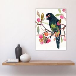 "Artery8 Parrot Perched on Fruit Tree Branch Watercolour Wall Art Print in Green - Size: W24"" x H32""" - thumbnail 4