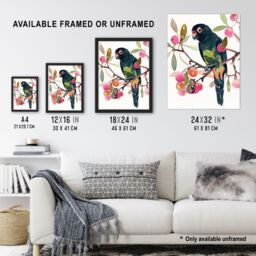 "Artery8 Parrot Perched on Fruit Tree Branch Watercolour Wall Art Print in Green - Size: W24"" x H32""" - thumbnail 3