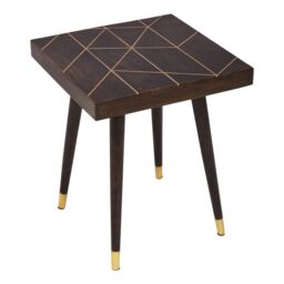 Orsina Mango Wood & Gold Tip Legs Side Table, Modern Square Wooden Side Table With Brass Inlay in Brown - thumbnail 2