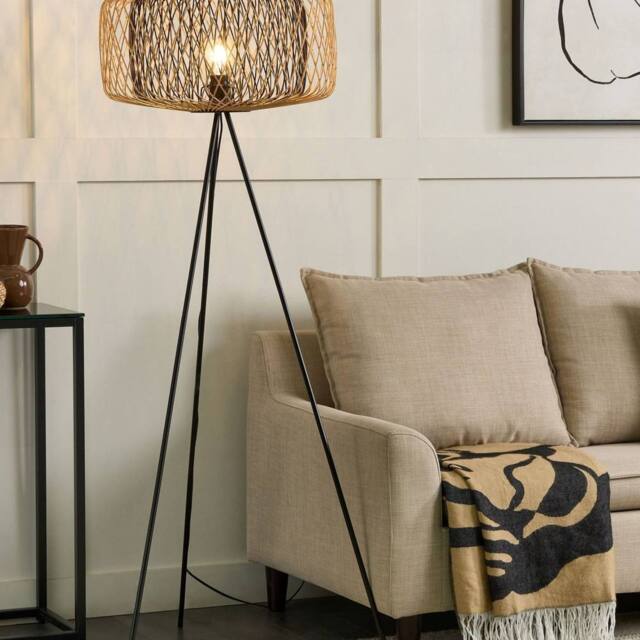 Wyld and Coco Floor Lamp - Woven Bamboo Shade 120 cm Black Metal Tripod Base - image 1