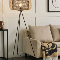 Wyld and Coco Floor Lamp - Woven Bamboo Shade 120 cm Black Metal Tripod Base - thumbnail 1