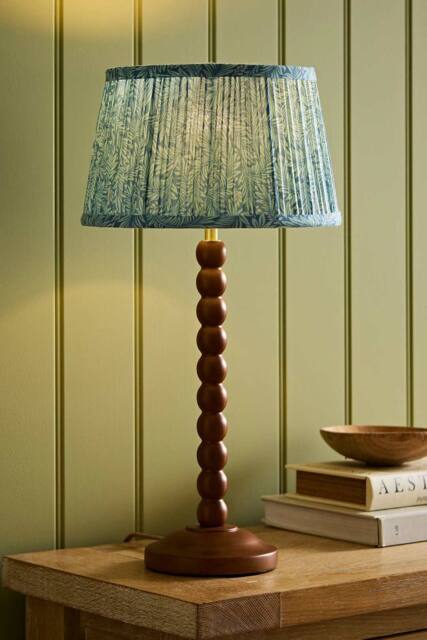 ValueLights Bobbin Leaf Printed Pleated Shade Walnut Bobble Table Lamp in Mid Blue - image 1