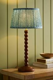 ValueLights Bobbin Leaf Printed Pleated Shade Walnut Bobble Table Lamp in Mid Blue - thumbnail 1