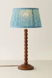 ValueLights Bobbin Leaf Printed Pleated Shade Walnut Bobble Table Lamp in Mid Blue - thumbnail 3