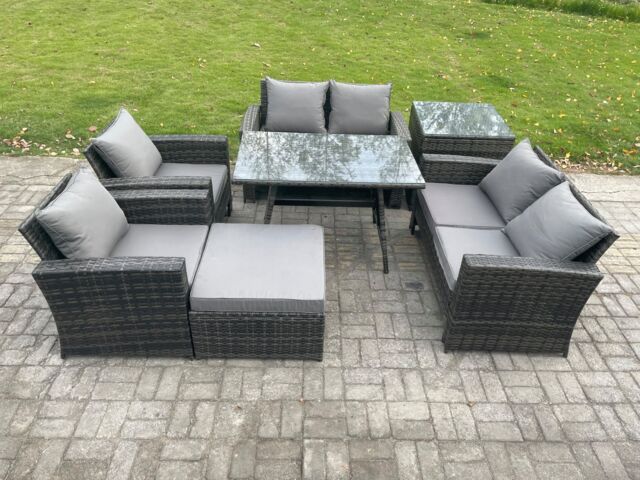 Fimous Rattan Garden Furniture Set 7 Seater Patio Outdoor Lounge Sofa Set with Rectangular Dining Table Love Seat Sofa in Dark Grey