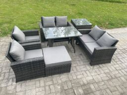 Fimous Rattan Garden Furniture Set 7 Seater Patio Outdoor Lounge Sofa Set with Rectangular Dining Table Love Seat Sofa in Dark Grey - thumbnail 2
