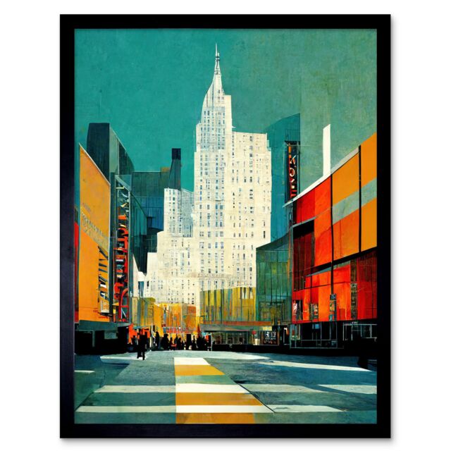 "Artery8 Wall Art Print Broadway New York Abstract Midcentury Cityscape Orange Teal Art Framed in Black - Size: W12"" x H16""" - image 1
