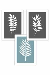 ARTZE Set of 3 Grey Blue Graphical Leaves Art Posters in Dark Grey - Size: W50 cm x H70 cm - thumbnail 1