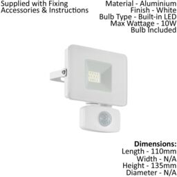 Loops IP44 Outdoor Flood Light & PIR Sensor White Aluminium 10W Built in LED - thumbnail 2