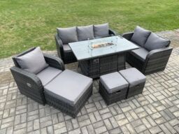 Fimous Rattan Garden Furniture Set with Fire Pit Table 9 Seater Outdoor Lounge Sofa Set Dark Grey Mixed - thumbnail 3