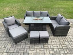 Fimous Rattan Garden Furniture Set with Fire Pit Table 9 Seater Outdoor Lounge Sofa Set Dark Grey Mixed - thumbnail 1