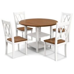 Costway 5 pcs Dinning Table Set Kitchen Furniture Round Drop Leaf Dining Table 4 Chairs in Walnut - thumbnail 1
