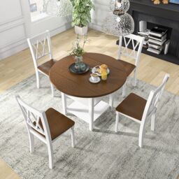 Costway 5 pcs Dinning Table Set Kitchen Furniture Round Drop Leaf Dining Table 4 Chairs in Walnut - thumbnail 3