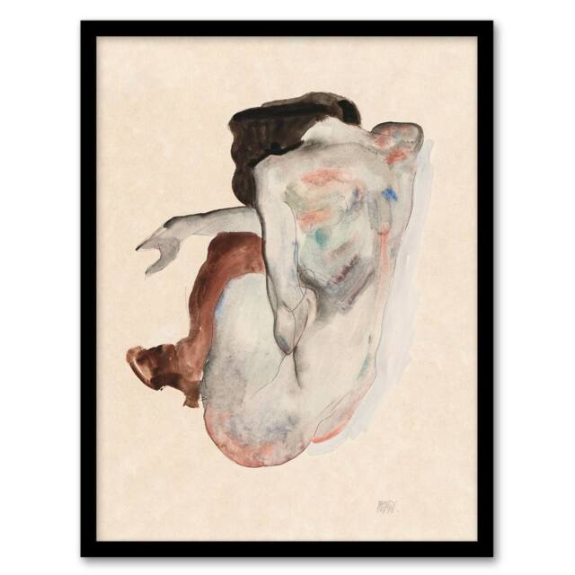 Artery8 Egon Schiele Framed Wall Art Crouching Nude In Shoes & Black Stockings in Beige - Size: A4 - image 1