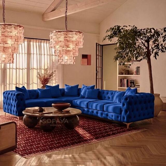 Sofaya Monaco Chesterfield 6 Seater Sofa Velvet Left Hand Corner Chaise in Blue - Size: 6 Person - image 1