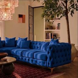 Sofaya Monaco Chesterfield 6 Seater Sofa Velvet Left Hand Corner Chaise in Blue - Size: 6 Person - thumbnail 4