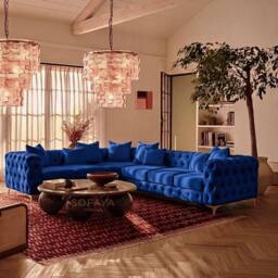 Sofaya Monaco Chesterfield 6 Seater Sofa Velvet Left Hand Corner Chaise in Blue - Size: 6 Person - thumbnail 1