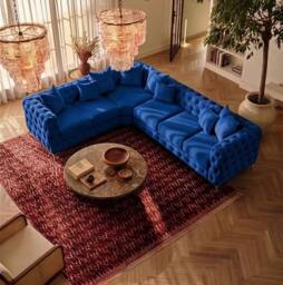 Sofaya Monaco Chesterfield 6 Seater Sofa Velvet Left Hand Corner Chaise in Blue - Size: 6 Person - thumbnail 2