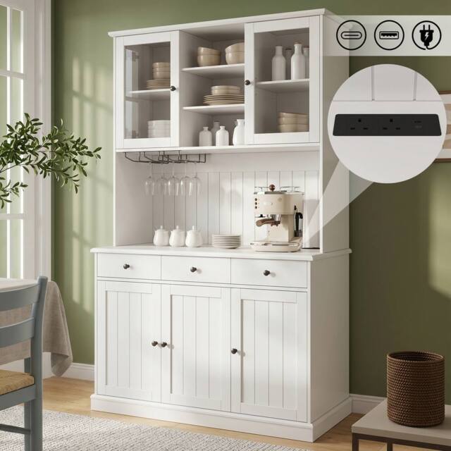 BTM Tall Kitchen Cabinet Power Outlet USB Wine Glass Holder White - image 1