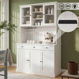 BTM Tall Kitchen Cabinet Power Outlet USB Wine Glass Holder White - thumbnail 1