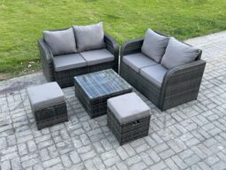 Fimous Rattan Sofa Set Outdoor Garden Furniture Set with Square Coffee Table Loveseat Sofa 2 Small Footstool Dark Grey Mixed - thumbnail 2