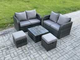 Fimous Rattan Sofa Set Outdoor Garden Furniture Set with Square Coffee Table Loveseat Sofa 2 Small Footstool Dark Grey Mixed - thumbnail 1