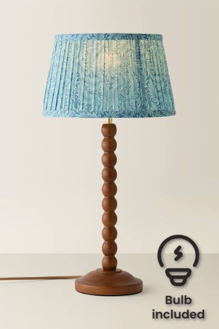ValueLights Bobbin Leaf Printed Pleated Shade Walnut Bobble Table Lamp with Bulb in Mid Blue - image 1