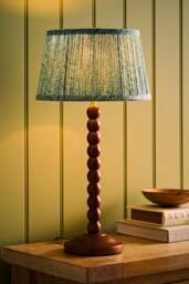 ValueLights Bobbin Leaf Printed Pleated Shade Walnut Bobble Table Lamp with Bulb in Mid Blue - thumbnail 3