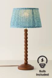 ValueLights Bobbin Leaf Printed Pleated Shade Walnut Bobble Table Lamp with Bulb in Mid Blue - thumbnail 1