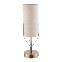 Happy Homewares Sleek Antique Brass Metal Table Lamp with Cylindrical Linen Shade in Metallic Gold - thumbnail 2