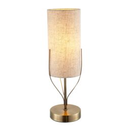 Happy Homewares Sleek Antique Brass Metal Table Lamp with Cylindrical Linen Shade in Metallic Gold