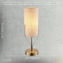 Happy Homewares Sleek Antique Brass Metal Table Lamp with Cylindrical Linen Shade in Metallic Gold - thumbnail 7