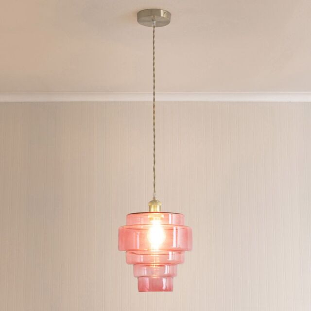 ValueLights Lane Glass 5 Tier Layered Shade Brushed Chrome Ceiling Pendant Light in Bright Pink - image 1