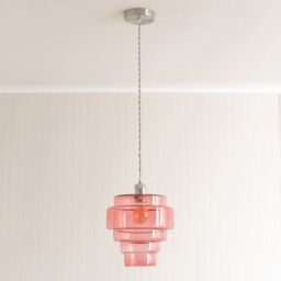ValueLights Lane Glass 5 Tier Layered Shade Brushed Chrome Ceiling Pendant Light in Bright Pink - thumbnail 3