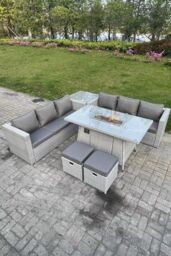Fimous Rattan FirePit Garden Furniture Set Gas Heater Burner Lounge Sofa Dining Table Side Coffee Table in Light Grey - thumbnail 1