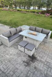 Fimous Rattan FirePit Garden Furniture Set Gas Heater Burner Lounge Sofa Dining Table Side Coffee Table in Light Grey - thumbnail 3