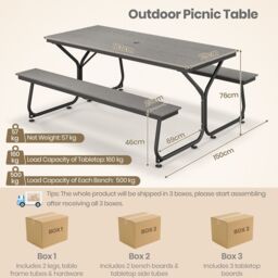 Gymax 8-Person Picnic Table Bench Set Garden Camping Furniture Umbrella Hole in Grey - thumbnail 2