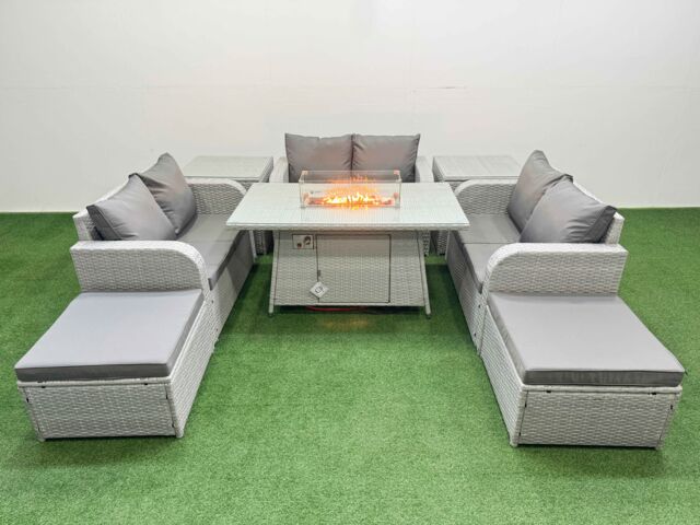 Fimous 8 Seater PE Wicker Rattan Furniture Sofa Sets with Firepit Dining Table 2 Seater Love Sofa 2 Big Footstool 2 Side Table Light Grey - image 1