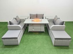 Fimous 8 Seater PE Wicker Rattan Furniture Sofa Sets with Firepit Dining Table 2 Seater Love Sofa 2 Big Footstool 2 Side Table Light Grey - thumbnail 2