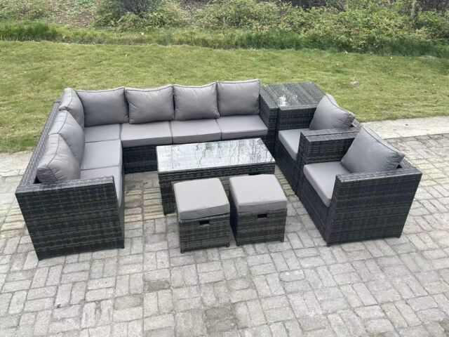 Fimous 10 Seater Rattan Corner Sofa Lounge Sofa Set With Rectangular Coffee Table Side Table 2 Arm in Dark Grey - image 1