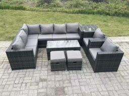 Fimous 10 Seater Rattan Corner Sofa Lounge Sofa Set With Rectangular Coffee Table Side Table 2 Arm in Dark Grey - thumbnail 2