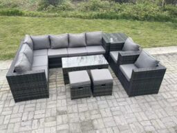 Fimous 10 Seater Rattan Corner Sofa Lounge Sofa Set With Rectangular Coffee Table Side Table 2 Arm in Dark Grey - thumbnail 1