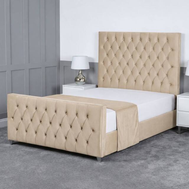 Living Comfort Bedz Vertex Plush Velvet Upholstered Bed Slatted Base with 48Inch Headboard in Beige - Size: Super King - image 1