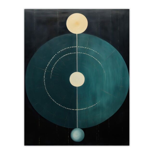 "Wee Blue Coo Wall Art Print Abstract Teal Stone Circles Oil Painting Blue Yellow on Black Minimalist Geometric Poster in Dark Blue - Size: W18"" x H24""" - image 1
