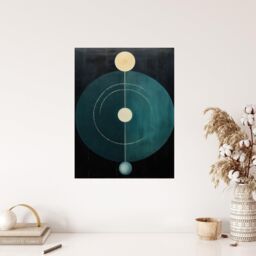 "Wee Blue Coo Wall Art Print Abstract Teal Stone Circles Oil Painting Blue Yellow on Black Minimalist Geometric Poster in Dark Blue - Size: W18"" x H24""" - thumbnail 4