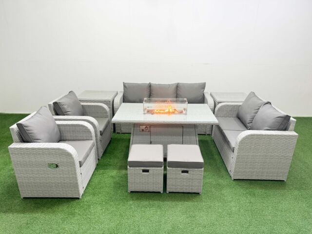 Fimous PE Rattan Garden Furniture Set Reclining Chair Sofa Double Love Seat 2 Seater Sofa Lounge Set Firepit Dining Table 2 Stools 2 Side Table Light - image 1