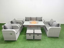 Fimous PE Rattan Garden Furniture Set Reclining Chair Sofa Double Love Seat 2 Seater Sofa Lounge Set Firepit Dining Table 2 Stools 2 Side Table Light - thumbnail 2